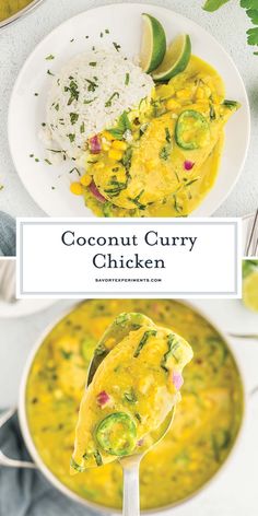 coconut curry chicken in a white bowl with a spoon