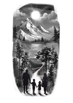 a family is standing in front of a mountain scene with the sun shining on it