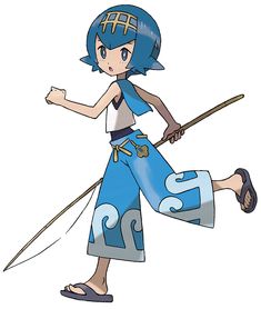 a woman with blue hair is holding a stick and wearing an anime style outfit while walking