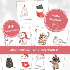 four christmas cards with cats in hats and scarfs on them, the text reads 4 digital