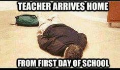 a dog is laying on the floor wearing a shirt and pants that says, teacher arrives home from first day of school