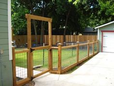 a fenced in yard with a wooden gate