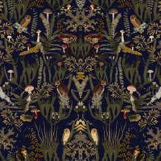 a blue and green wallpaper with birds, plants and flowers on it's sides