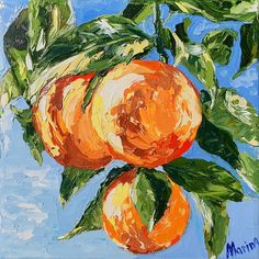 an oil painting of three oranges on a branch with leaves and blue sky in the background