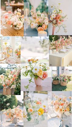 a collage of photos with flowers in vases and table cloths on it