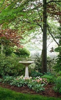 a birdbath in the middle of a garden with lots of trees and flowers