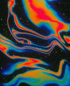 an image of colorful lines in the night sky with stars and clouds on it's back ground