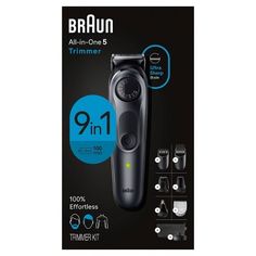 Braun Series 5 All-in-One Style Kit. For versatility and precision at home. With a beard, ear & nose trimmer, hair clippers and body groomer. Features the Precision Wheel with 40 length settings and ultra sharp blades. 100-minute cordless runtime. Includes: Plastic trimmer head, body groomer head, precision beard (0.5 mm - 10 mm) & hair (10.5 - 20 mm) combs, ear & nose trimmer head, detail trimmer head, mini foil shaver, charging stand, zipper pouch. Box Content1x trimmer device incl plastic tri Nose Trimmer, Beard Hair, Plastic Trim, Beard Trimmer, Beard Combs, Trimmer For Men, Shave Gel, Ear Hair, Beard Trimming