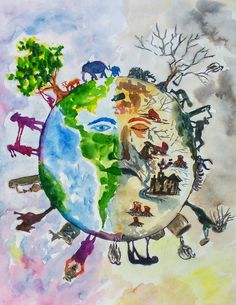 a drawing of the earth with animals and trees on it