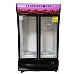 a display case for fresh flowers with the door open