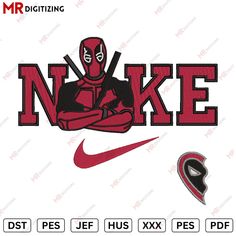 the logo for nike is shown in red, black and white with an image of deadpool