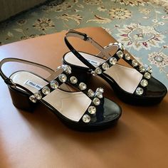 Nib Miu Miu Embellished Black Platform Sandals. Super Cute And Great For Summer. Size 37. New In Box. Miu Miu Platform, Miu Miu Embellished, Navy Blue Sandals, Rope Sandals, Strappy Platform Sandals, Black Platform Sandals, Miu Miu Shoes, Gold Pumps, Vintage Heels