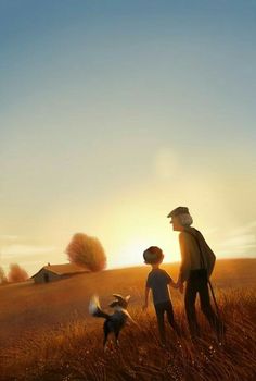 a man and child are standing in a field with the sun shining down on them