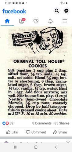 an old facebook page with the message original tollhouse cookies