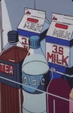 a painting of milk and juice bottles on a shelf