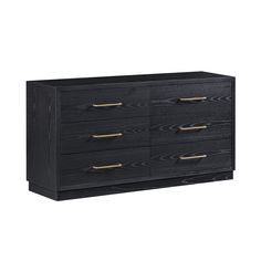 a black dresser with gold handles and drawers on the bottom, in front of a white background