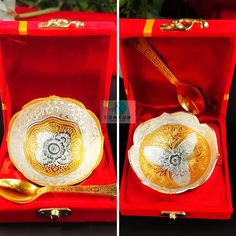 two gold and silver plates in a red velvet box with spoons, fork and knife