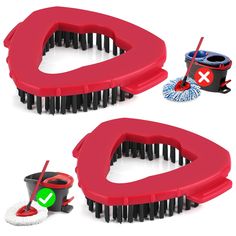 two red and black combs with cleaning supplies