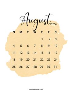 an august calendar with the words august and month numbers in black ink on a white background