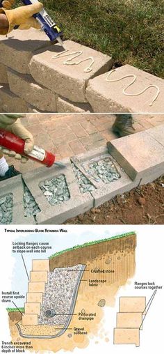 two pictures showing how to build a brick retaining wall with concrete blocks and cement pavers