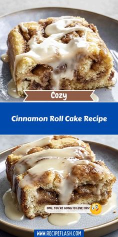 cinnamon roll cake recipe on a plate with icing