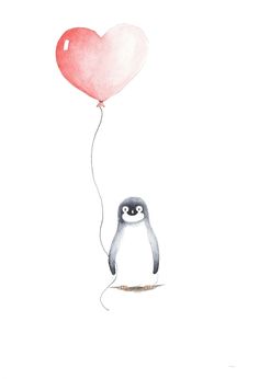 a penguin holding a heart shaped balloon