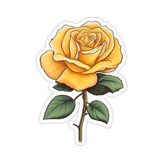 a yellow rose with green leaves sticker on a white background, the image is in full color