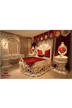 a fancy bedroom with red and white furniture