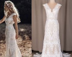 two pictures of the same wedding dress, one with an open back and another with short sleeves