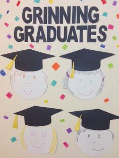 a poster with three children wearing graduation caps and gowns on it's side