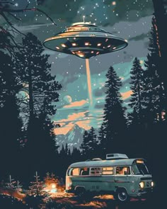 an old van parked in front of a forest with a flying saucer above it