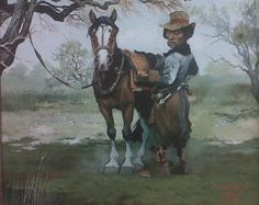 a painting of a man riding on the back of a brown horse next to a tree