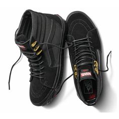 Vans And Marvel Join Forces To Celebrate The Iconic "Off The Wall" Superheroes Of The Marvel Universe With An Epic Collaboration Across A Range Of Footwear, Apparel, And Accessories. Featuring Black Panther Details, The Vans X Marvel Black Panther Sk8-Hi Combines The Legendary Lace-Up High Top With Sturdy Suede And Textile Uppers, Re-Enforced Toecaps To Withstand Repeated Wear, Padded Collars For Support And Flexibility, Signature Rubber Waffle Outsoles, And Custom Collaboration Labeling. Mpn Vn Vans Leather Sneakers With Red Sole, Black Suede Sneakers With Red Sole, Skechers Black Shoes, Vans Marvel, Marvel Shoes, Tenis Vans, Marvel Black Panther, Kicks Shoes, Sneakers Vans