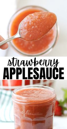 a spoon full of strawberry apple sauce with the title above it