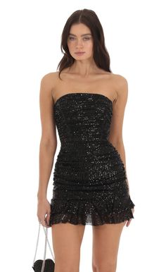 Sequin Ruched Bodycon Dress in Black | LUCY IN THE SKY Homecoming Dresses Tight Short, Black Dance Dresses, Dresses Tight Short, Black Hoco Dresses, Homecoming Dresses Short Black, Beaded Dress Short, Flowy Dress Short, Black Holiday Dress, Short Dresses Tight