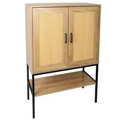 a wooden cabinet with two doors and a shelf