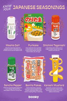 an advertisement for japanese seasonings with different flavors and ingredients to choose from in the package