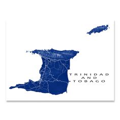 Trinidad and Tobago map print with natural island landscape and main roads designed by Maps As Art. Trinidad And Tobago Map, Port Of Spain, Island Map, Caribbean Island, Landscape Features, Unit Study, Map Art Print, Frame Matting, Natural Landscape