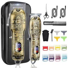 PRICES MAY VARY. Professional Hair Clippers Set: This cool hair cutting kit contains a professional hair clipper and a detail hair trimmer. It includes full-size colored clipper guards to satisfy your needs of trimming your head, face, beard. This clipper set is perfect for professional barbers as well as household use. Quiet & Powerful Motor: Hair clippers has a high performance heavy-duty motor ensures an exceptional no-snag cutting experience for your hair, offering an effective and save-time Barber Accessories, Barber Clippers, Beard Shaver, Mens Grooming Kit, Beard Trimmer, Smooth Shave, Electric Razor, Coarse Hair, Hair Clipper