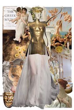 a collage of art and fashion items including a woman's dress, gold mask, and other accessories