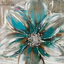 a painting of a blue flower with white and brown petals on it's petals