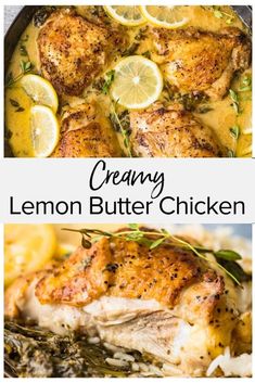 lemon butter chicken in a skillet with herbs and lemons