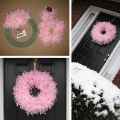 three pictures of pink fluffy wreaths on the front door