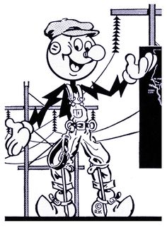 a black and white drawing of a person on a bike with an electrical wire in the background