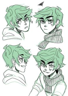 some sketches of the same character from an anime movie, one with green hair and two with