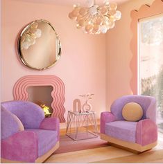 a living room with pink walls and purple chairs