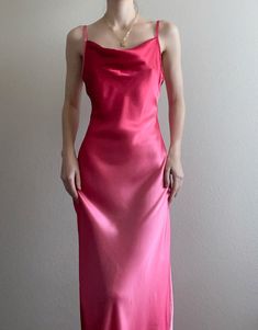 "Vintage satin pink ombré slip dress, cowl neck. Size Small, 32\" bust. Very good vintage condition. Modeled on size XS, 5'7\"." Dark Pink Silk Dress, Fitted Satin Cowl Neck Dress For Spring, Fitted Cowl Neck Satin Dress For Spring, Pink Satin Finish Slip Dress For Formal Occasions, Formal Pink Satin Slip Dress, Formal Pink Satin Finish Slip Dress, Chic Pink Slip Dress With Satin Finish, Spring Pink Satin Slip Dress, Pink Fitted Slip Dress For Evening