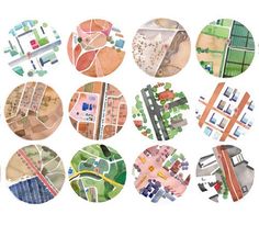 an aerial view of many different buildings and roads in the same circle, all painted with watercolors