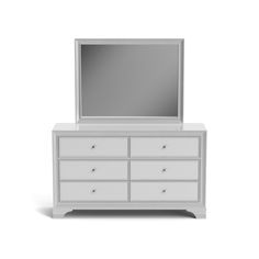 a white dresser with a mirror on top and drawers below it in front of a white background