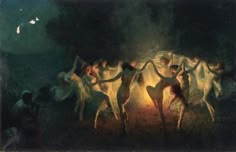 a painting with several women dancing around a fire in the middle of a night time scene